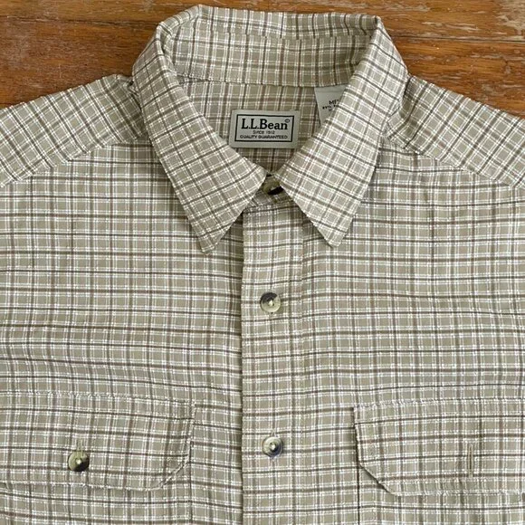 Vintage Mens LL Bean Seersucker Shirt Size Medium 90s Convertible Sleeves Beige - Picture 2 of 6